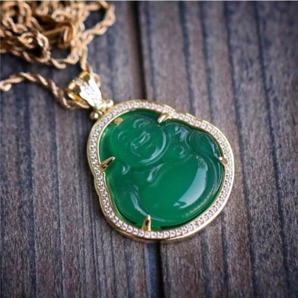 14K Gold Plated Green Jade Buddha Pendant Necklace With Lab Simulated Diamonds - Picture 3 of 6